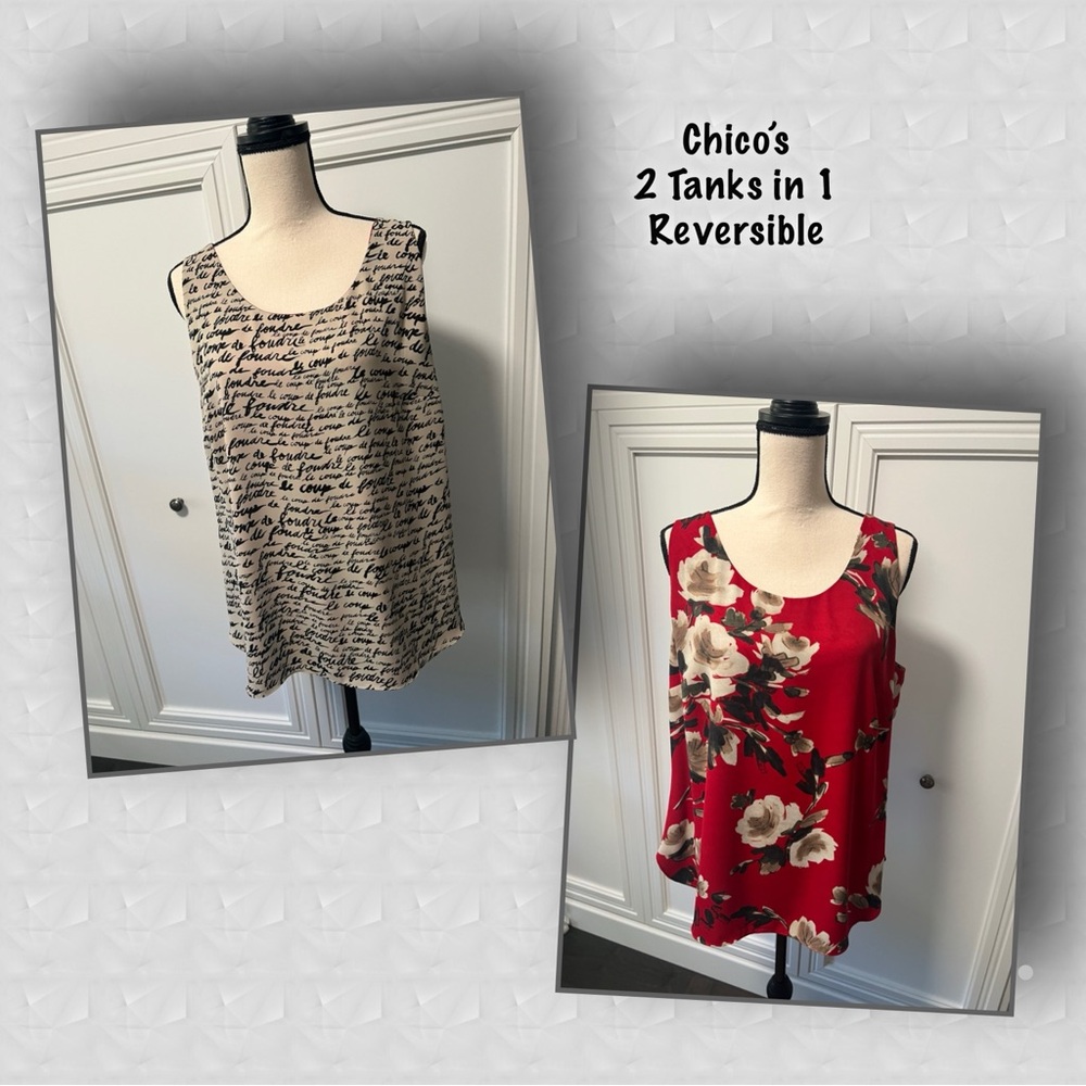 SOLD ..Chico’s Reversible Tank Top Floral Sleeveless Red & French Script Size 2